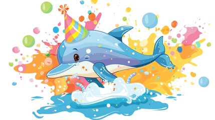 Naklejka premium Create a clipart of a Birthday dolphin with a splashin a kawaii style, simplified to feature fewer elements for a cleaner look, Use a color palette that is appealing to children, with bright an