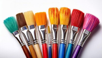 A set of colorful paintbrushes, isolated on a white background, showcasing their vibrant and varied bristles.