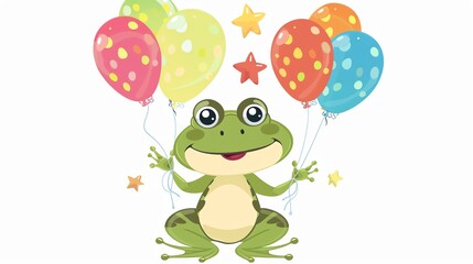Create a clipart of a Frog with birthday balloonsin a kawaii style, simplified to feature fewer elements for a cleaner look, Use a color palette that is appealing to children, with bright and c