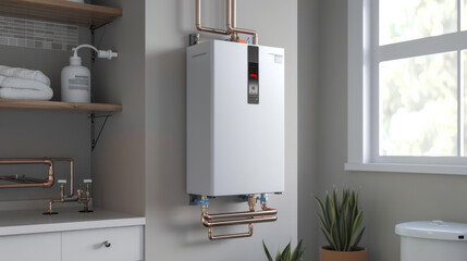 Modern tankless water heater installed in a bright, clean utility room.