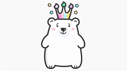Fototapeta premium Create a clipart of a Polar bear with a birthday crownin a kawaii style, simplified to feature fewer elements for a cleaner look, Use a color palette that is appealing to children, with bright