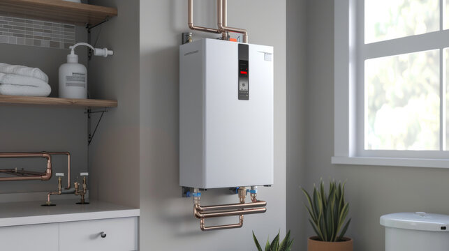 Modern tankless water heater installed in a bright, clean utility room.