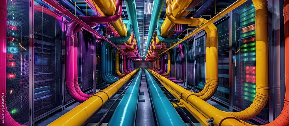 Poster A network of colorful pipes in a server room creating an abstract and futuristic environment