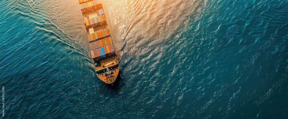 Poster an aerial view of a large container ship sailing across the vast blue ocean