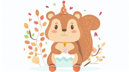Create a clipart of a Birthday squirrel with acornsin a kawaii style, simplified to feature fewer elements for a cleaner look, Use a color palette that is appealing to children, with bright and