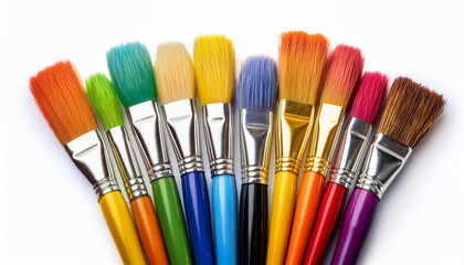 Fototapeta premium A set of colorful paintbrushes, isolated on a white background, showcasing their vibrant and varied bristles.
