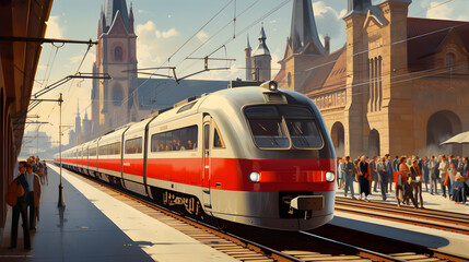 Fototapeta premium Capturing the Hustle and Bustle: Deutsche Bahn Train Arrives at a Busy Station amidst Radiant Daylight