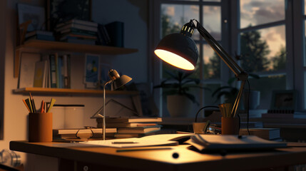 A cozy, study desk illuminated by a warm desk lamp, with books, papers, and a potted plant, set against the evening glow from the window.