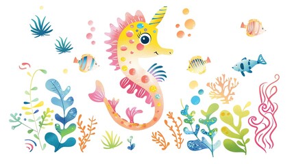 Create a clipart of a Birthday seahorse with underwater funin a kawaii style, simplified to feature fewer elements for a cleaner look, Use a color palette that is appealing to children, with br