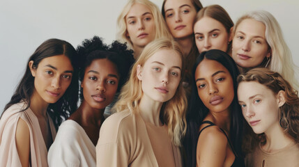 Fototapeta premium A diverse group of women with different skin tones and hair types poses closely together, embodying unity and beauty in diversity.