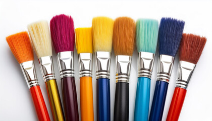 Fototapeta premium A set of colorful paintbrushes, isolated on a white background, showcasing their vibrant and varied bristles.