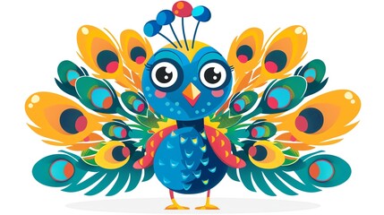 Obraz premium Create a clipart of a Peacock with birthday feathersin a kawaii style, simplified to feature fewer elements for a cleaner look, Use a color palette that is appealing to children, with bright an