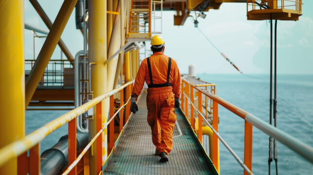 A worker in orange overalls walks along a bright yellow platform on an oil rig, framed by the deep blue ocean.