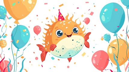 Fototapeta premium Create a clipart of a Birthday pufferfish with inflated joyin a kawaii style, simplified to feature fewer elements for a cleaner look, Use a color palette that is appealing to children, with br