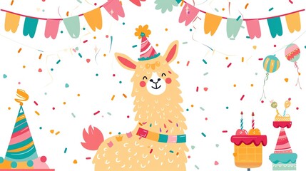 Create a clipart of a Birthday llama with a party pinatain a kawaii style, simplified to feature fewer elements for a cleaner look, Use a color palette that is appealing to children, with brigh
