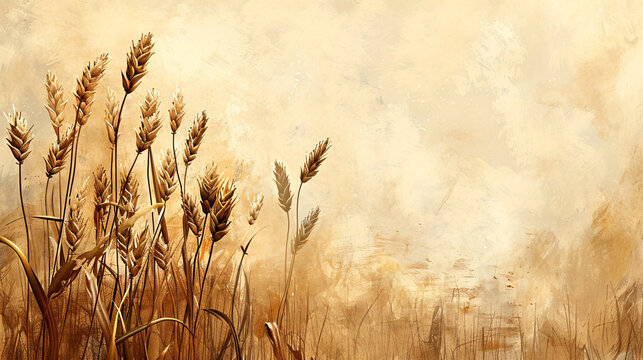 Biblical illustration of the Parable of the Weeds with wheat and weeds growing together in a field until harvest, on a beige background with copyspace....