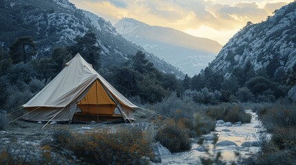 Canvas glamping tents in green field at sunrise in mountainous landscape, ideal for text or design