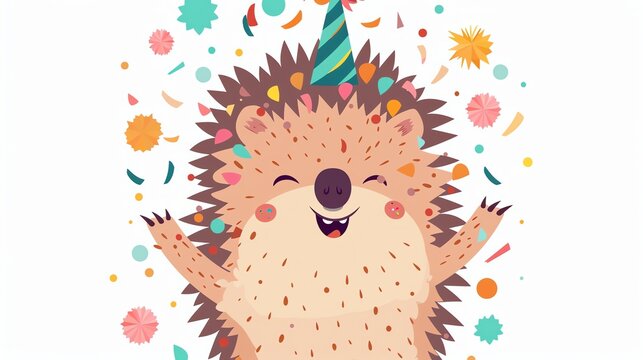 Create a clipart of a Birthday hedgehog with confetti spikesin a kawaii style, simplified to feature fewer elements for a cleaner look, Use a color palette that is appealing to children, with b