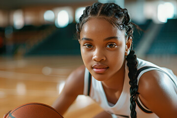 Young African girl athlete with braided hair playing basketball on a court, showcasing her talent and love for the game.