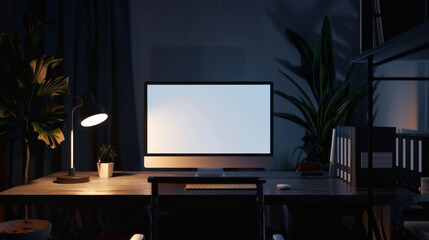 A minimalistic workspace illuminated by a desk lamp in a dimly lit room, highlighting a sleek computer monitor and organized desk setup, exuding productivity.