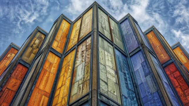 A vibrant architectural detail showcasing a series of vertical stripes in a rainbow of colors against a clear