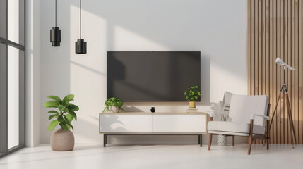 A minimalist, modern living room with clean lines, featuring a TV, armchair, potted plants, and wooden accents bathed in natural light.