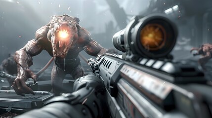 Fototapeta premium Futuristic Armored Monster Confronting Armed Soldier in Grim Sci-Fi Combat Scene