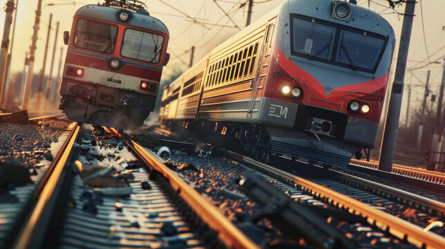 Two trains passing on parallel tracks at dawn, creating a dynamic scene with a sense of motion and urgency.