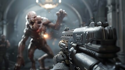 Futuristic Soldier Wielding Assault Weapon in Dystopian Cityscape