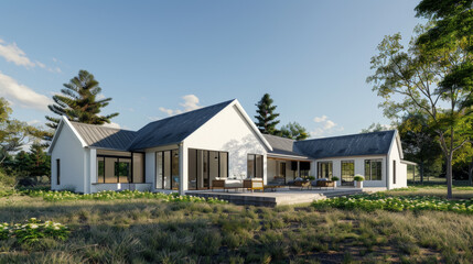 Modern, spacious single-story house with large windows and a beautiful garden viewed on a sunny day, surrounded by nature.