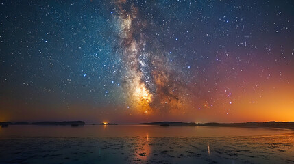 The milky way is reflecting on the sea at night while shining brightly in the sky