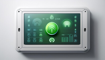 A smart home control panel with a green screen, isolated on a white background, ideal for home automation app mockups.