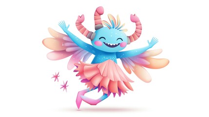 Fototapeta premium Create a clipart of a Monster Ballet Dancer Graceful posesin a kawaii style, simplified to feature fewer elements for a cleaner look, Use a color palette that is appealing to children, with bri