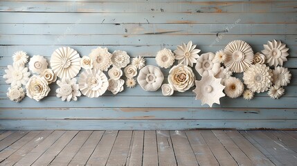   A cluster of paper blossoms resting atop a wooden surface, adjacent to a panel of wooden boards