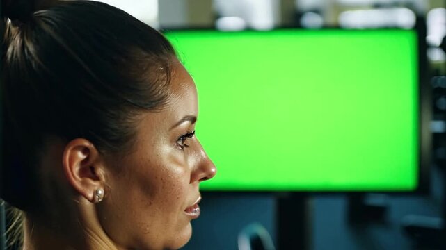 Tracking a woman resting on a treadmill in her modern house with a large television screen which is a chroma key green screen in the background.