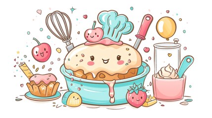 Create a clipart of a Monster Chef Baker Mixing bowl and whiskin a kawaii style, simplified to feature fewer elements for a cleaner look, Use a color palette that is appealing to children, with