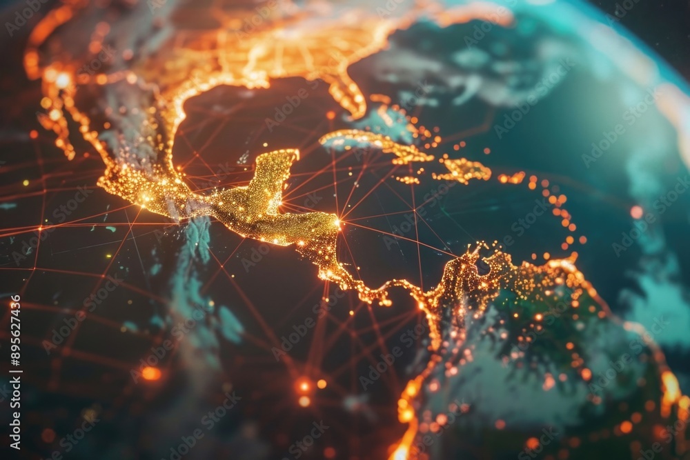 Poster satellite image with digital network overlaid on the globe.