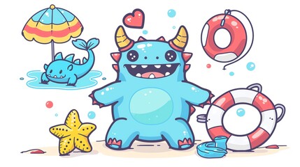 Fototapeta premium Create a clipart of a Monster Lifeguard Whistle and floatiein a kawaii style, simplified to feature fewer elements for a cleaner look, Use a color palette that is appealing to children, with br