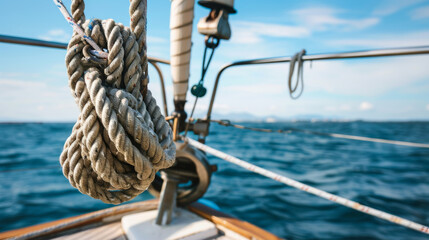 Obraz premium A neatly coiled rope hangs from the polished railings of a sailboat, with a vast ocean and clear sky backdrop, evoking a sense of adventure.