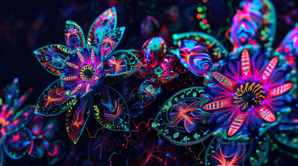 Fototapeta premium A captivating neon floral artwork with intricate patterns and glowing flowers, set against a dark background, evoking a sense of magical realism.