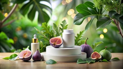 A rich fig podium with a backdrop of fig trees and lush greenery, emphasizing natural beauty and luxurious skincare ingredients.