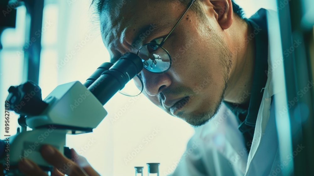 Poster asian man in lab coat and glasses examining sample under microscope with focused expression.