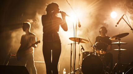 Fototapeta premium A band performs passionately on stage under dramatic lighting, capturing the intensity and emotion of live music.