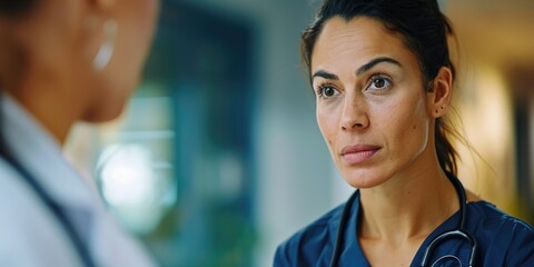 Two medical professionals in a hospital setting discussing a patient's condition and treatment plan.