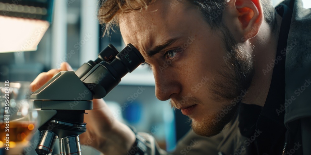 Poster man in lab coat using microscope to analyze samples.