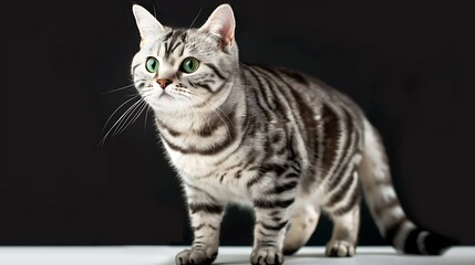 Silver Classic Tabby Cat with Striking Green Eyes on Dark Background