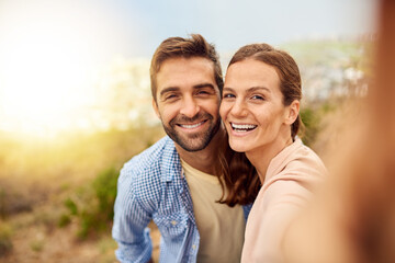 Fototapeta premium Couple, portrait and selfie with a smile for love, care and happiness together in summer. Man, woman and Italy adventure for profile picture, honeymoon and romantic date or vacation view to relax
