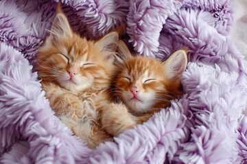 Cute ginger little red kitten sleeps on fur purple plaid. Baby cats sleeping together. Tabby kitten...