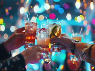 People celebrate at a bar with drinks and sparkling decorations.