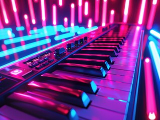 Obraz premium A neon pink and blue keyboard with a purple background. The keyboard is a synthesizer and is surrounded by colorful lights